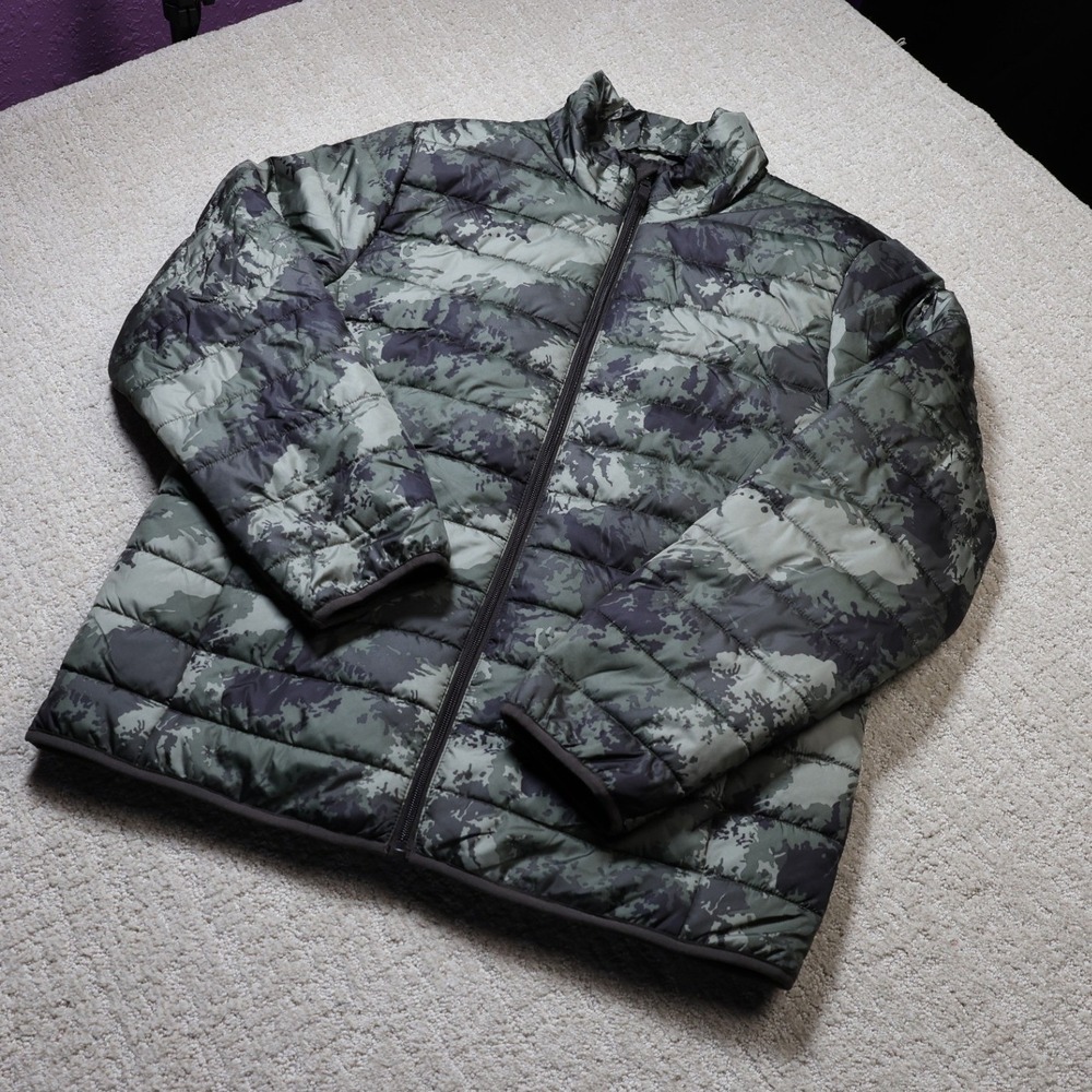Goodfellow & Co Mens Camo Puffer Jacket Green Black Water Resistant Coat M